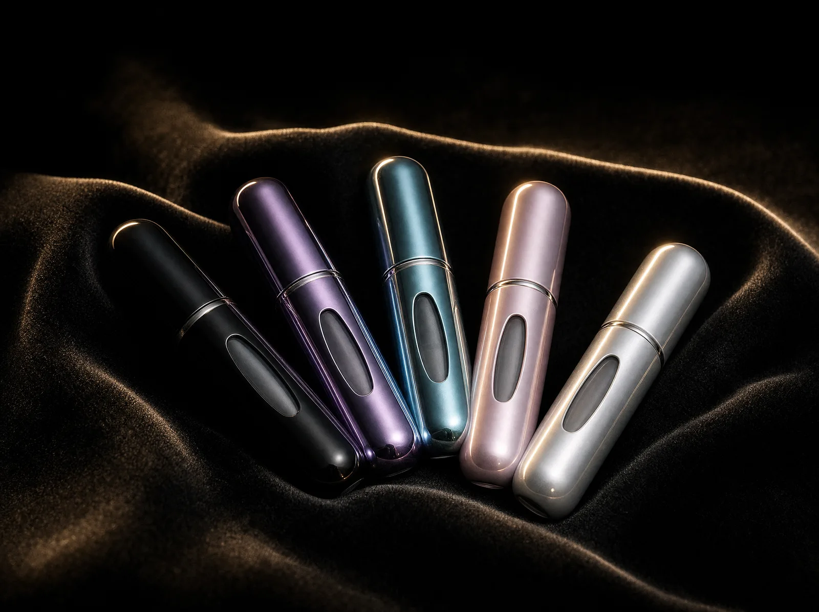 Five compact 5 ml refillable spray atomizers fanned across black velvet with a champagne-gold edge light