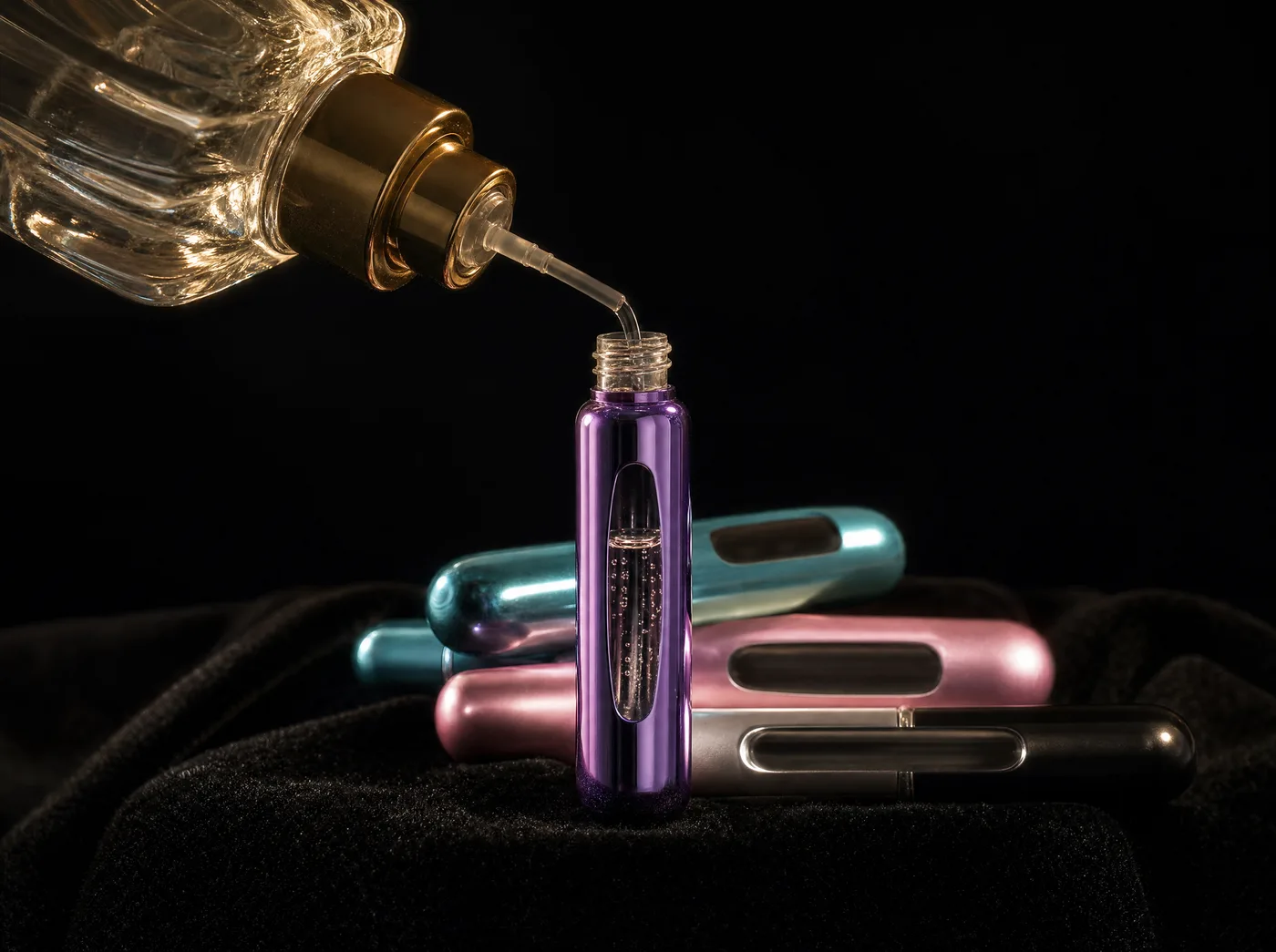 A generic fragrance bottle transferring liquid into one open 5 ml atomizer with a visible fill level