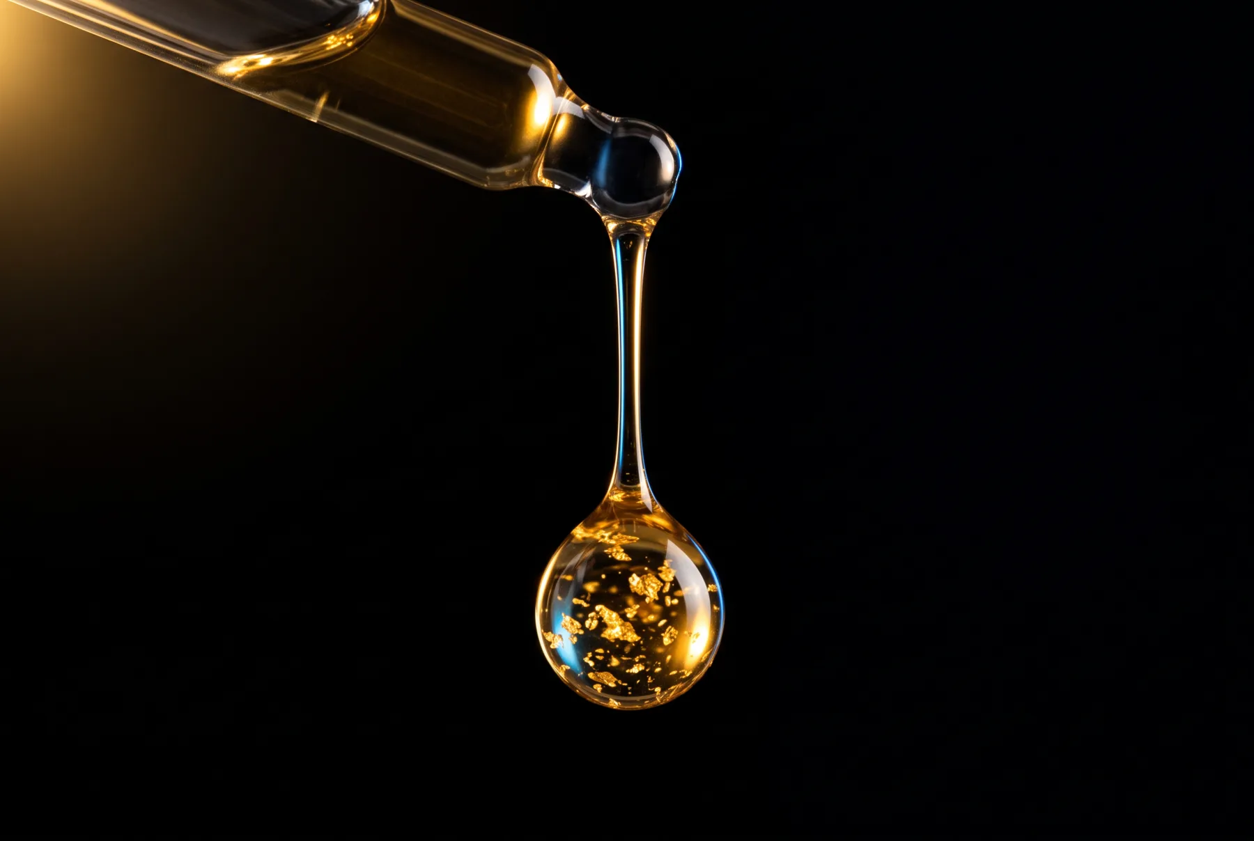 Macro of a golden serum droplet falling from a glass pipette, gold leaf suspended inside