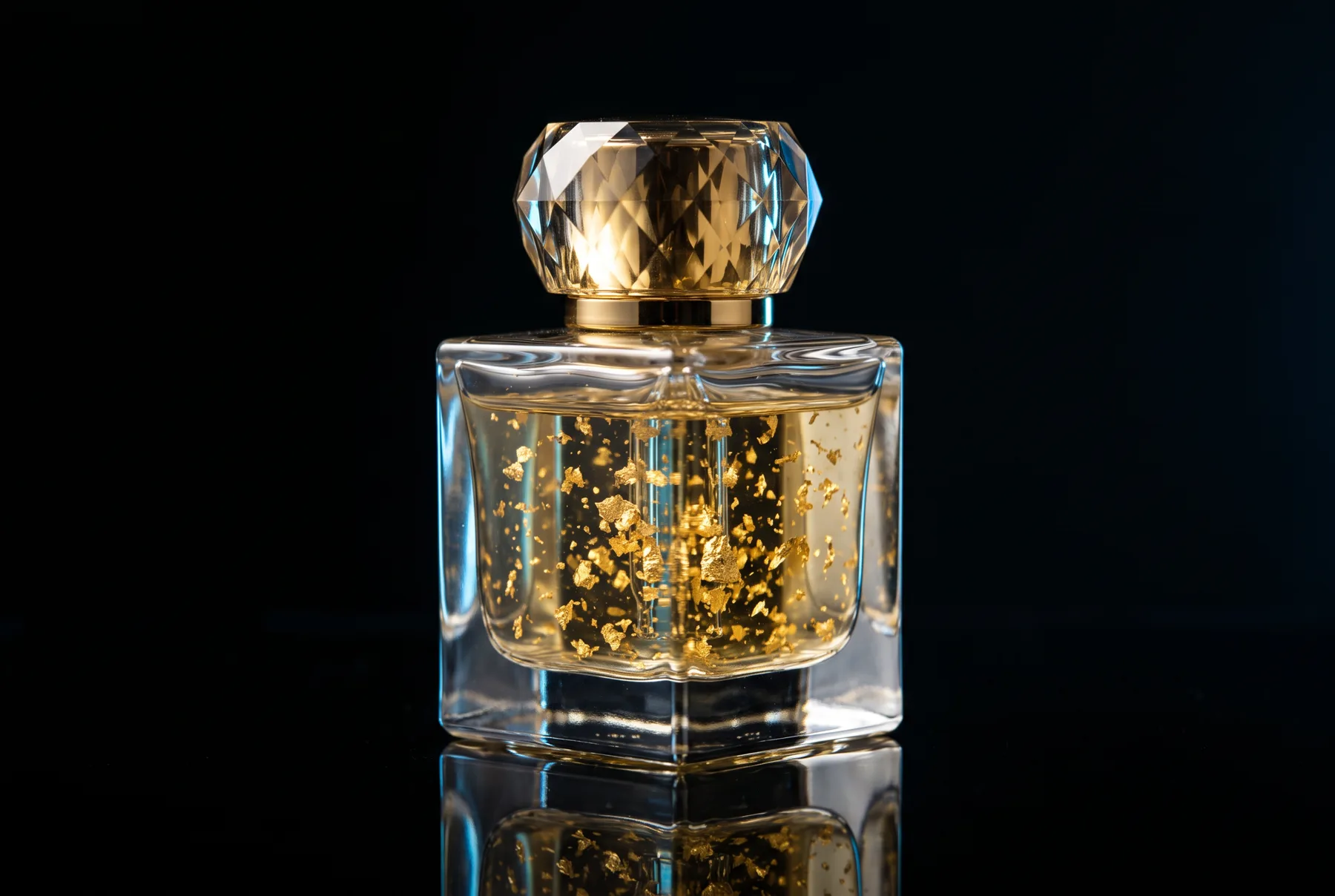GOLD-01 serum: a faceted gold capped glass bottle of golden serum with suspended gold leaf, lit on black