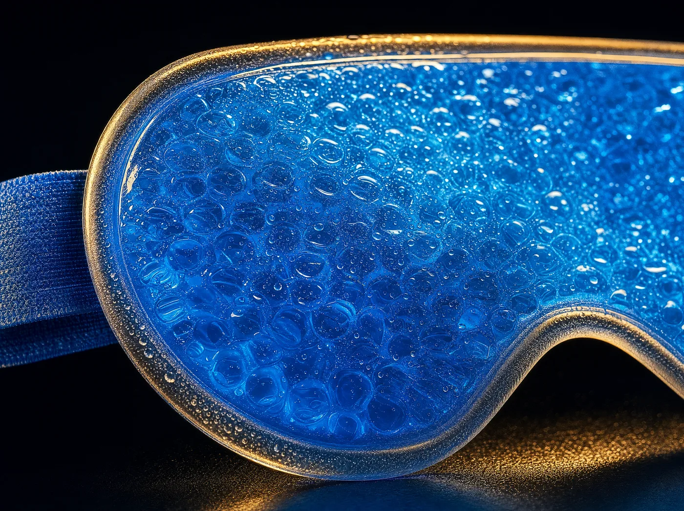 Macro of the royal-blue cooling gel material with condensation beads