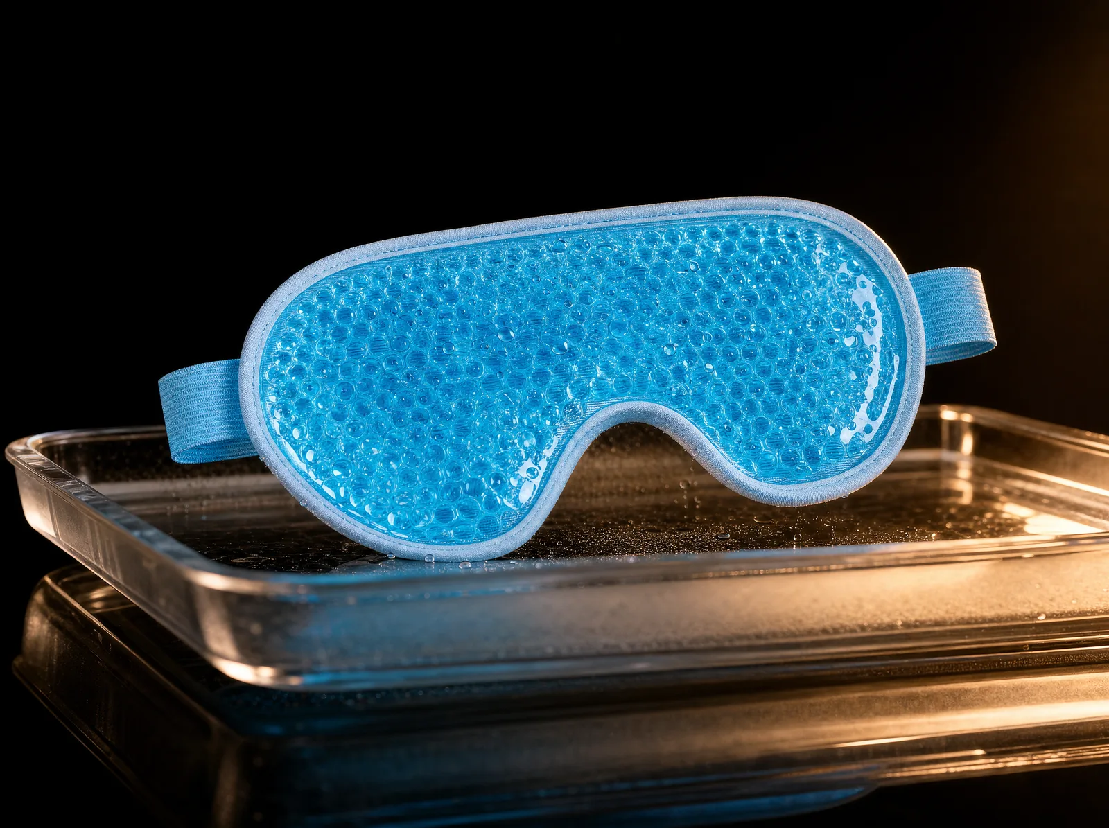 The ChillHalo Mask: a royal-blue reusable cooling gel eye mask lifting from a clean refrigerator tray with light condensation