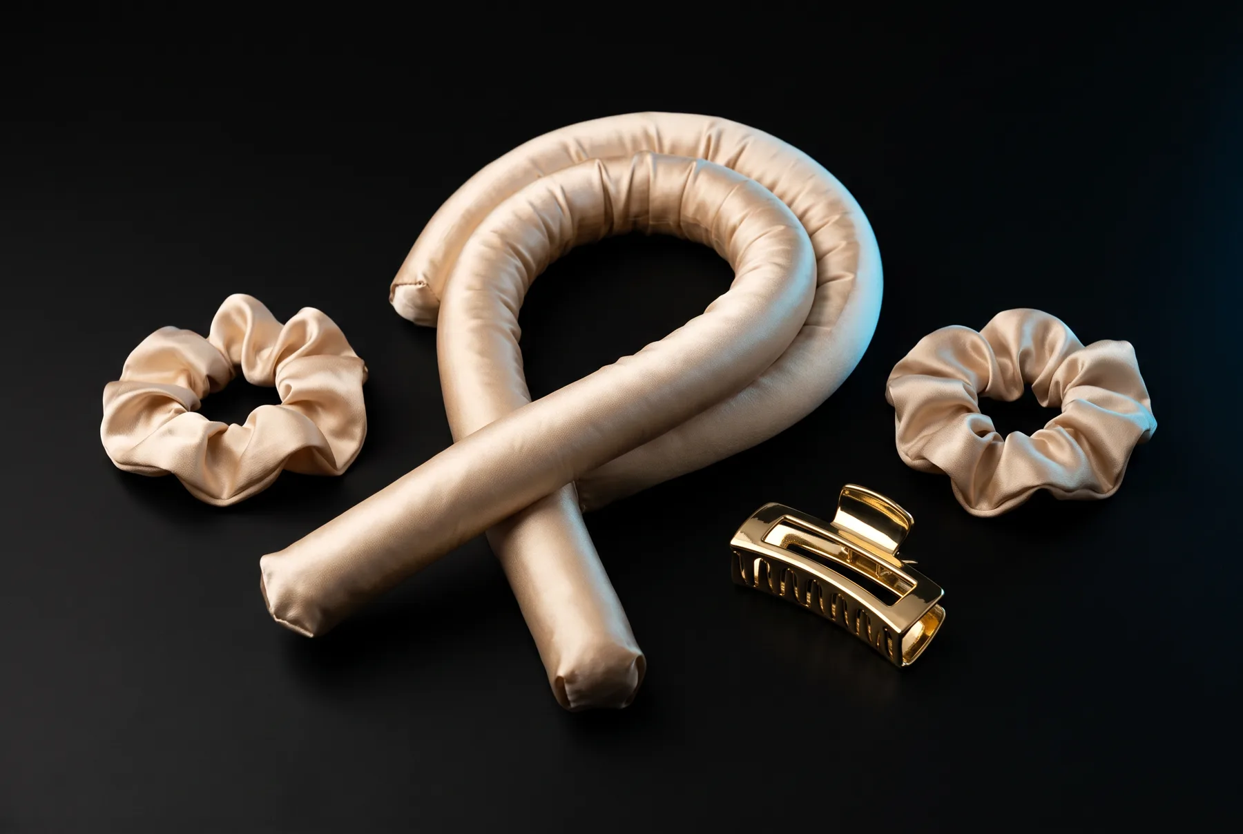 The Heatless Curl Kit laid flat on black: a coiled champagne satin rod, two satin scrunchies and a gold claw clip