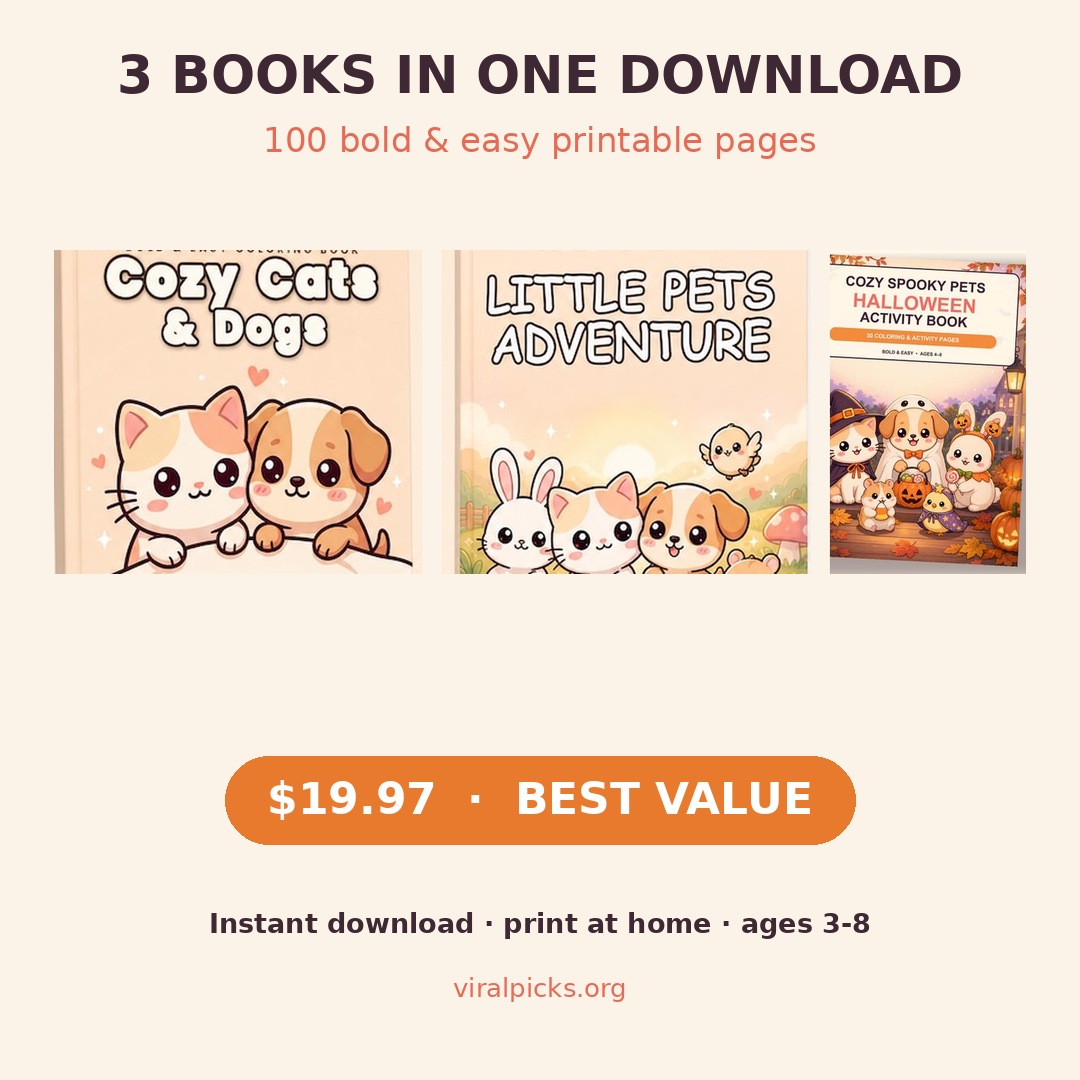Cozy Pets MEGA Bundle — all three printable coloring books shown together, 100 pages, best value