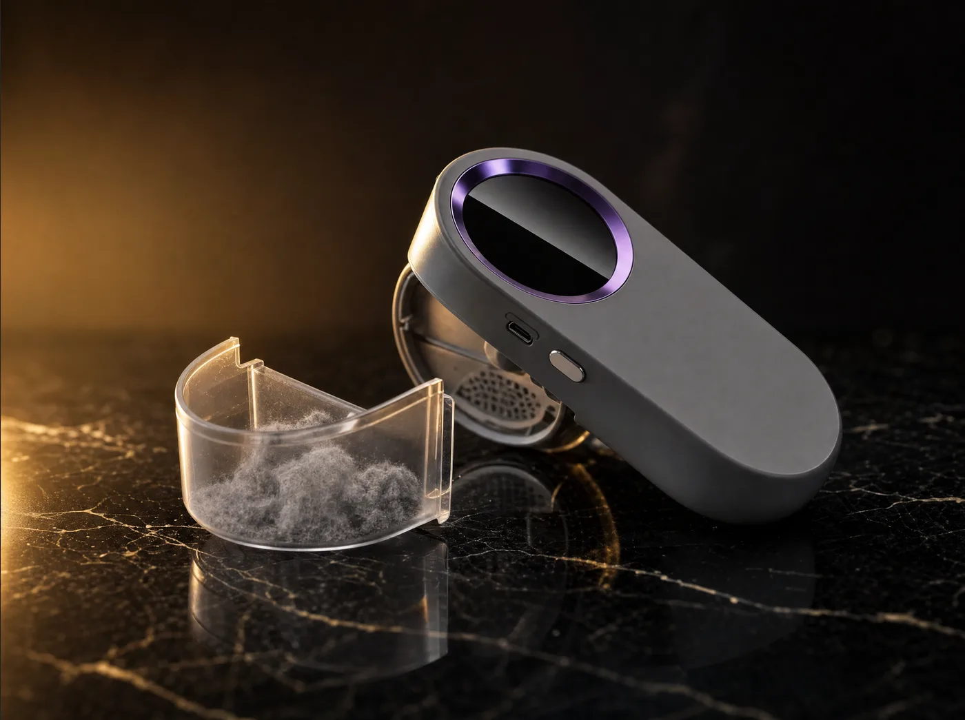 The Fabric Reset Pro lint chamber holding the removed grey fuzz