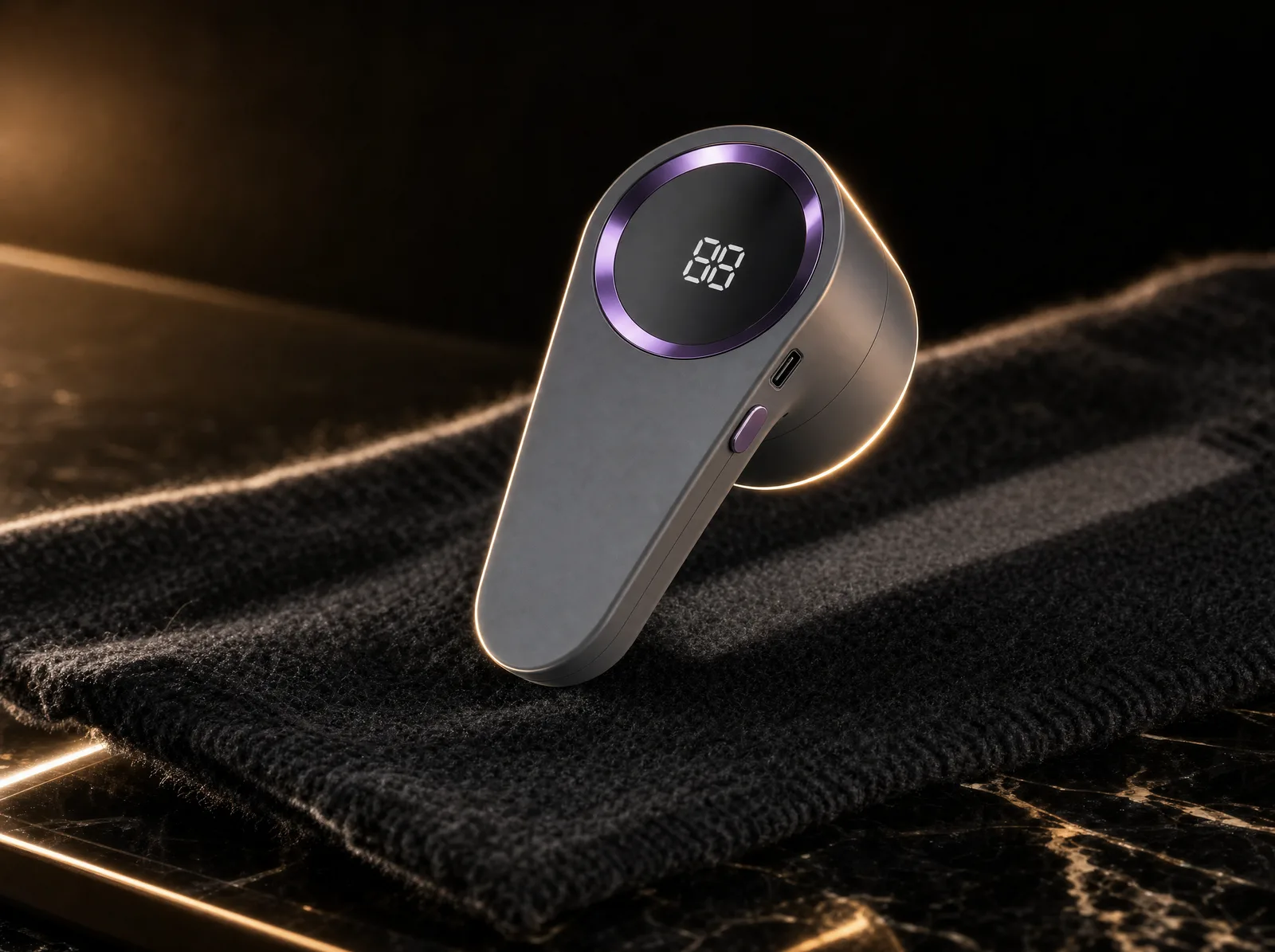 The Fabric Reset Pro over a black cashmere-look knit on polished black stone: a rechargeable grey and white fabric shaver with a visibly cleaner lane behind its head