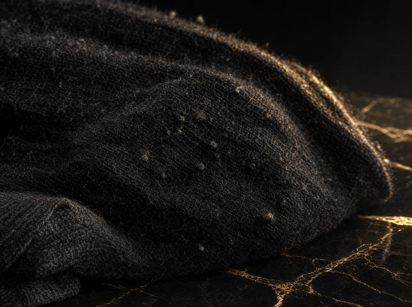 Extreme macro of visible pilling and lint on a black knit fabric