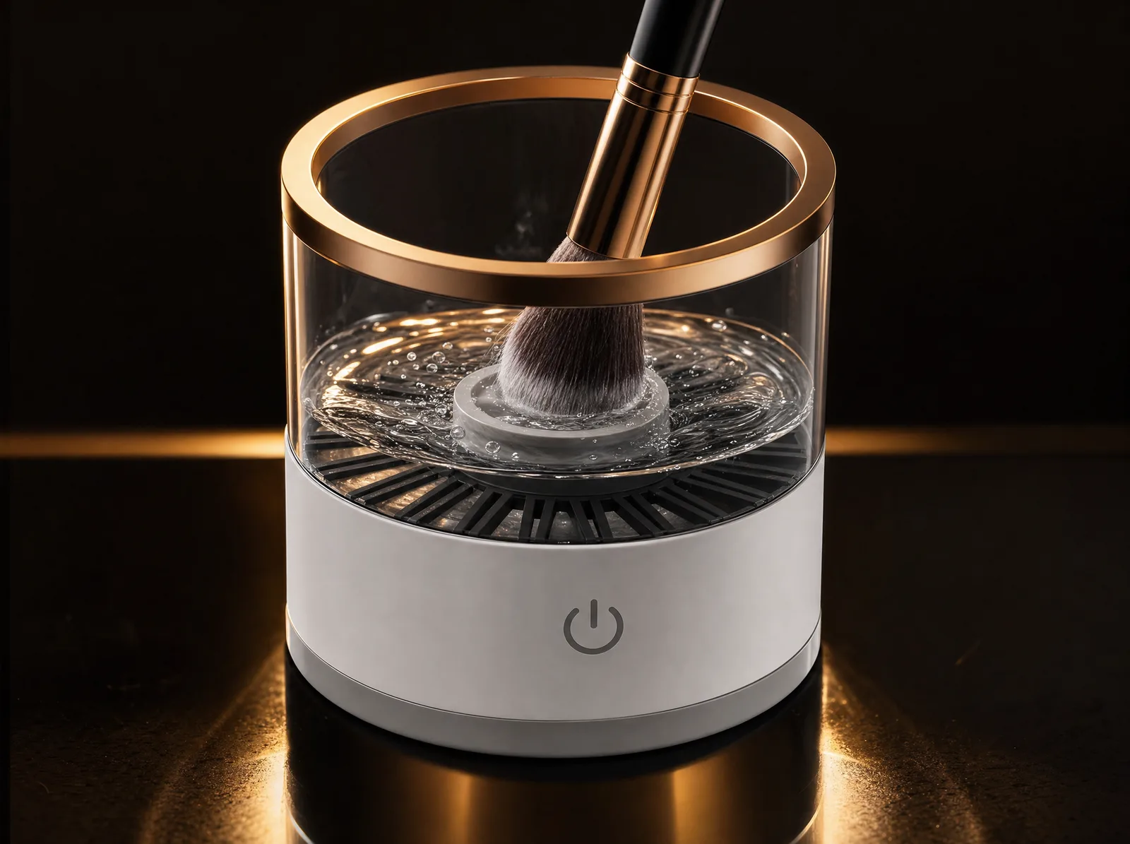 The CleanSpin Brush Lab on polished black glass: a compact round electric cleaning bowl with a makeup brush entering its rotating rinse hub, lit by a champagne-gold rim light