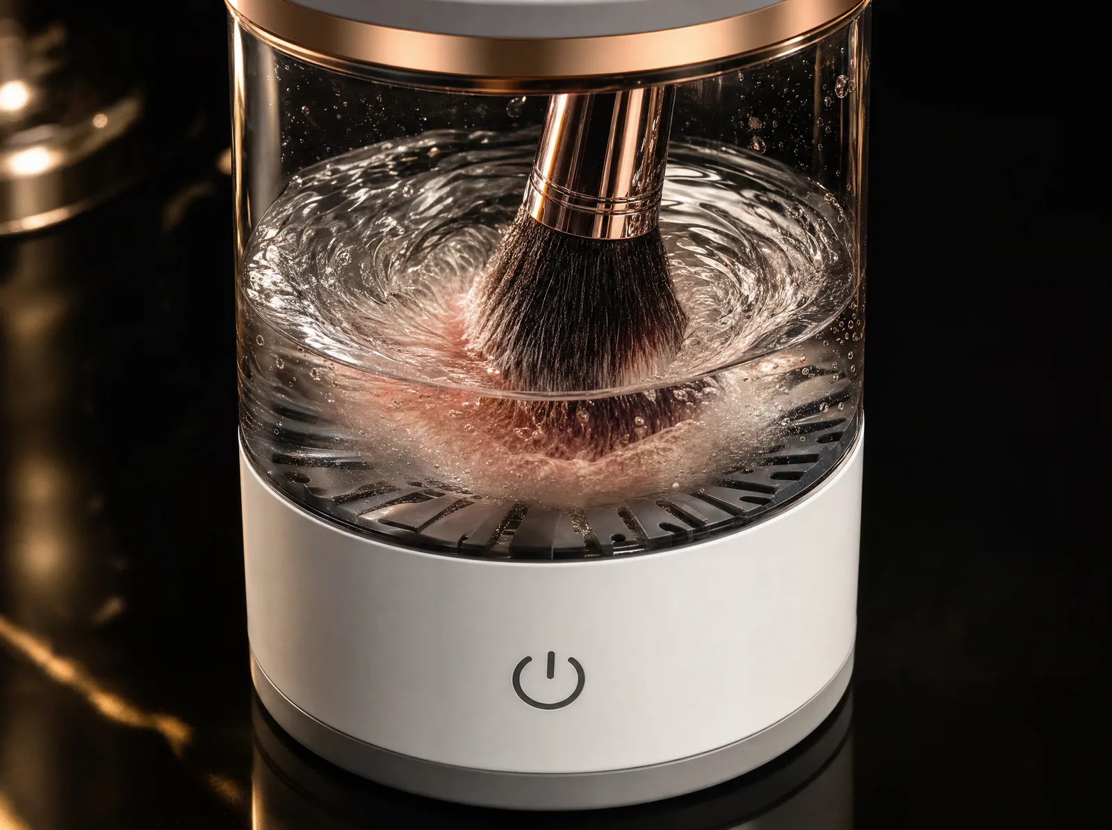 The CleanSpin bowl with a rotating water vortex around the brush head